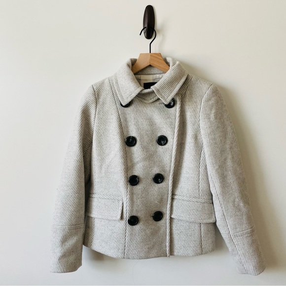 Banana Republic Melton Gray White Striped Peacoat Coat Wool Blend Jacket Double - Picture 2 of 4